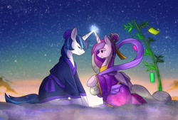 Size: 1329x898 | Tagged: safe, artist:hosikawa, princess cadance, shining armor, alicorn, pony, unicorn, clothes, cute, female, horns are touching, male, mare, shiningcadance, shipping, smiling, stallion, straight, tanabata