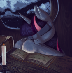 Size: 1677x1700 | Tagged: safe, artist:jubilannt, derpibooru import, twilight sparkle, book, candle, night, sleeping, solo