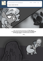 Size: 666x950 | Tagged: safe, artist:egophiliac, nightmare moon, princess luna, alicorn, goo, pony, angry, cartographer's cap, dark woona, filly, hat, magic, monochrome, moonstuck, neo noir, nightmare woon, partial color, slime monster, tumblr, woona, younger