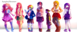 Size: 3960x1682 | Tagged: safe, artist:aquagalaxy, derpibooru import, applejack, fluttershy, pinkie pie, rainbow dash, rarity, spike, twilight sparkle, equestria girls, equestria girls outfit, human spike, humanized, mane seven, mane six