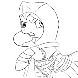 Size: 1200x1200 | Tagged: safe, artist:lisa400, sunset shimmer, pony, altair ibn la-ahad, angry, assassin, assassin's creed, female, lineart, mare, monochrome, solo, sword, weapon, wip