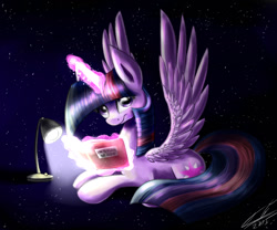 Size: 1200x1000 | Tagged: safe, artist:yummiestseven65, derpibooru import, twilight sparkle, twilight sparkle (alicorn), alicorn, pony, book, female, lamp, magic, mare, prone, reading, solo, space, spread wings, stars, telekinesis