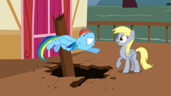 Size: 1136x640 | Tagged: safe, screencap, derpy hooves, rainbow dash, pegasus, pony, the last roundup, female, inverted mouth, mare