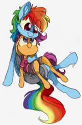 Size: 703x1066 | Tagged: safe, artist:xenon, rainbow dash, scootaloo, pegasus, pony, clothes, scootalove, sitting on lap