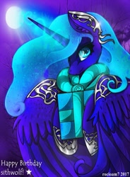 Size: 915x1243 | Tagged: safe, artist:rocioam7, princess luna, alicorn, pony, clothes, forest, moon, night, present, scarf, solo