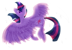 Size: 1024x719 | Tagged: safe, artist:toskurra, derpibooru import, twilight sparkle, twilight sparkle (alicorn), alicorn, pony, female, flying, looking back, mare, simple background, solo, transparent background