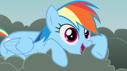 Size: 680x383 | Tagged: safe, rainbow dash, pegasus, pony, cloud, female, mare, simple background, solo