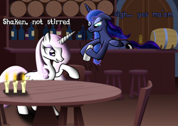 Size: 5981x4241 | Tagged: safe, artist:miragepotato, fleur-de-lis, princess luna, alicorn, pony, unicorn, absurd resolution, annoyed, bar, barrels, bartender, floppy ears