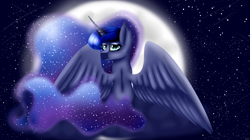 Size: 7086x3968 | Tagged: safe, artist:moonlight0shadow0, princess luna, alicorn, pony, absurd resolution, female, looking back, mare, moon, rear view, solo, spread wings, stars