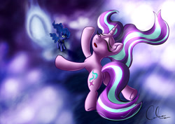 Size: 1600x1131 | Tagged: safe, artist:calena, princess luna, starlight glimmer, alicorn, pony, unicorn, eyes closed