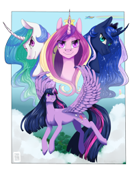 Size: 3400x4400 | Tagged: safe, artist:maria-fly, fluttershy, princess cadance, princess celestia, princess luna, rainbow dash, twilight sparkle, twilight sparkle (alicorn), alicorn, pegasus, pony, alicorn tetrarchy, cloud, curved horn, flying, forest, looking at you, royal sisters, sky