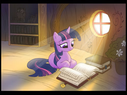 Size: 1280x960 | Tagged: safe, artist:sherwoodwhisper, derpibooru import, owlowiscious, twilight sparkle, unicorn twilight, bird, owl, pony, unicorn, book, crepuscular rays, female, golden oaks library, mare, prone, reading, smiling, solo focus, sunlight