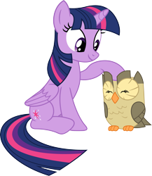 Size: 3085x3559 | Tagged: safe, artist:porygon2z, derpibooru import, owlowiscious, twilight sparkle, twilight sparkle (alicorn), alicorn, pony, eyes closed, female, mare, petting, simple background, smiling, transparent background, vector