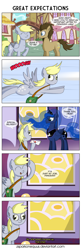 Size: 1675x5200 | Tagged: safe, artist:zsparkonequus, derpy hooves, doctor whooves, princess luna, alicorn, earth pony, pegasus, pony, absurd resolution, anticlimax, bait and switch, comic, everything went better than expected, flying, good end, grammar error, letter, mailbag, mailmare, subverted meme