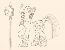 Size: 800x610 | Tagged: safe, artist:fuzon-s, derpibooru import, twilight sparkle, armor, concept art, fantasy class, knight, monochrome, raised hoof, sketch, solo, sword, traditional art, warrior