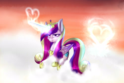 Size: 3000x2000 | Tagged: safe, artist:fellabyss, princess cadance, alicorn, pony, cloud, heart, magic, prone, solo