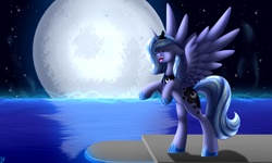 Size: 1024x614 | Tagged: safe, artist:whitehershey, princess luna, alicorn, pony, eyes closed, floppy ears, moon, night, ocean, open mouth, rearing, s1 luna, solo, spread wings, stars, water