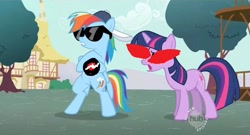 Size: 847x459 | Tagged: safe, edit, edited screencap, screencap, rainbow dash, twilight sparkle, unicorn twilight, pegasus, pony, unicorn, may the best pet win, 1s th1s you, dave strider, duo, female, homestuck, hub logo, mare, sunglasses, terezi pyrope