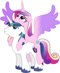 Size: 4740x5790 | Tagged: safe, artist:90sigma, edit, editor:slayerbvc, princess cadance, shining armor, alicorn, pony, unicorn, the crystal empire, absurd resolution, accessory-less edit, barehoof, female, floppy ears, male, mare, missing accessory, ponies riding ponies, simple background, spread wings, stallion, tired, transparent background, vector, vector edit, wings