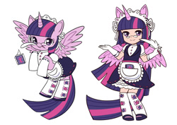 Size: 900x636 | Tagged: safe, artist:kongyi, derpibooru import, twilight sparkle, twilight sparkle (alicorn), alicorn, human, clothes, eared humanization, horned humanization, human ponidox, humanized, looking at you, maid, simple background, tailed humanization, tray, winged humanization