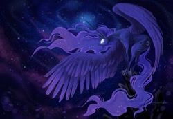 Size: 1100x756 | Tagged: safe, artist:dragonrise studio, princess luna, alicorn, pony, female, glowing eyes, mare, solo, space, spread wings