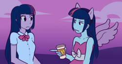 Size: 1280x670 | Tagged: safe, artist:rileyav, derpibooru import, twilight sparkle, equestria girls, clothes, coffee, cosplay, costume, dress, halloween, not twilight sparkle, pointing, raised eyebrow, simple background, unamused