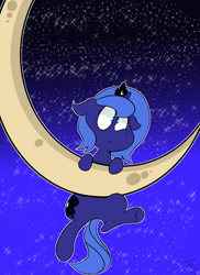 Size: 2480x3400 | Tagged: safe, artist:goldenled, princess luna, alicorn, pony, :<, crescent moon, cute, filly, floppy ears, frown, hang in there, hanging, lunabetes, moon, night, night sky, sky, solo, stars, tangible heavenly object, transparent moon, underhoof, wide eyes, woona, younger