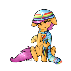 Size: 712x712 | Tagged: safe, artist:xxredehthecatxx, rainbow dash, scootaloo, pegasus, pony, clothes, hat, plushie, rainbow, scarf