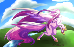 Size: 1024x655 | Tagged: safe, artist:spotlessenvy, princess cadance, alicorn, pony, looking back, rearing, solo, windswept mane