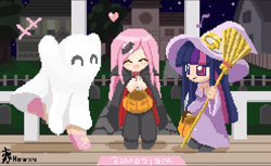 Size: 1235x757 | Tagged: safe, artist:howxu, derpibooru import, fluttershy, pinkie pie, twilight sparkle, ghost, human, vampire, broom, cute, diapinkes, halloween, humanized, pixel art, pumpkin bucket, shyabetes, trick or treat, twiabetes, witch