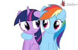 Size: 2600x1700 | Tagged: safe, artist:waveywaves, derpibooru import, rainbow dash, twilight sparkle, twilight sparkle (alicorn), alicorn, pegasus, pony, cute, female, hug, mare, signature, simple background, transparent background, vector, winghug