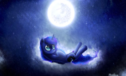 Size: 1023x614 | Tagged: safe, artist:cleverpon, princess luna, alicorn, pony, cloud, eye reflection, mare in the moon, moon, night, on back, reflection, solo, stars