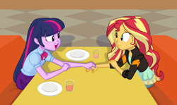 Size: 1348x804 | Tagged: safe, artist:carnifex, derpibooru import, sunset shimmer, twilight sparkle, twilight sparkle (alicorn), alicorn, equestria girls, friendship games, beverage, cafe, clothes, commission, deleted scene, eye contact, glass, homesick shimmer, leather jacket, open mouth, plate, sitting, skirt, smiling, table, talking