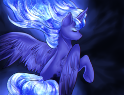 Size: 1414x1090 | Tagged: safe, artist:not-ordinary-pony, princess luna, alicorn, pony, eyes closed, female, glowing mane, mare, missing accessory, raised hoof, rear view, solo, spread wings