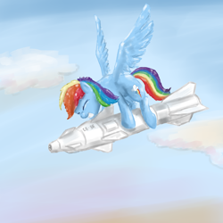 Size: 1200x1200 | Tagged: safe, artist:cyb3rwaste, rainbow dash, pegasus, pony, blue coat, female, mare, missile, multicolored mane