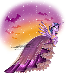 Size: 1280x1436 | Tagged: safe, artist:tiffanymarsou, derpibooru import, twilight sparkle, twilight sparkle (alicorn), alicorn, bat, pony, alternate hairstyle, clothes, dress, female, halloween, looking at you, mare, older, raised hoof, solo, spread wings