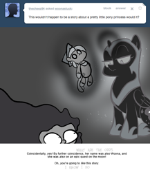 Size: 666x768 | Tagged: safe, artist:egophiliac, nightmare moon, princess luna, smooze, alicorn, pony, ask, bondage, cartographer's cap, dark woona, doll, encasement, filly, grayscale, hat, magic, monochrome, moonstuck, nightmare woon, plushie, sitting, slime monster, toy, tumblr, woona, woonoggles, younger