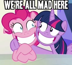 Size: 668x600 | Tagged: safe, derpibooru import, edit, edited screencap, screencap, pinkie pie, twilight sparkle, twilight sparkle (alicorn), alicorn, earth pony, pony, party pooped, alice in wonderland, angry, caption, face swap, image macro, insanity, meme, text, twilight snapple, we're all mad here