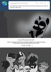 Size: 666x950 | Tagged: safe, artist:egophiliac, nightmare moon, princess luna, oc, oc:danger mcsteele, oc:frolicsome meadowlark, oc:imogen, oc:pebbl, oc:sunshine smiles (egophiliac), bat pony, changeling, changeling queen, pony, sea pony, ask, changeling queen oc, dark woona, female, filly, grayscale, monochrome, moon roc, moonstuck, nightmare woon, sign, tongue out, tumblr, woona, younger