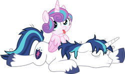 Size: 2500x1469 | Tagged: safe, artist:bluetech, artist:paganmuffin, edit, editor:slayerbvc, princess flurry heart, shining armor, alicorn, pony, unicorn, baby, baby pony, cute, father and child, father and daughter, female, filly, flurrybetes, foal, looking back, looking up, male, messy mane, parent and child, ponies riding ponies, simple background, sleeping, stallion, stubble, tired, tongue out, transparent background, vector, vector edit