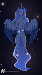 Size: 1080x1920 | Tagged: safe, artist:obscuredragone, princess luna, alicorn, pony, alone, clothes, crying, floppy ears, flying, horn, night, sad, shoes, solo, space, stars, to the moon, wings