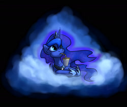 Size: 2000x1690 | Tagged: safe, artist:hieronymuswhite, princess luna, alicorn, pony, black background, cloud, drinking, female, magic, mare, prone, simple background, soda, solo, telekinesis