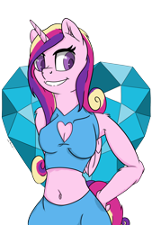 Size: 2362x3496 | Tagged: safe, artist:lula-moonarts, princess cadance, anthro, belly button, crystal heart, grin, midriff, smiling, solo