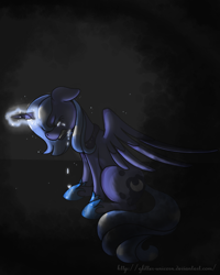 Size: 800x1000 | Tagged: safe, artist:glitter-unicorn, princess luna, alicorn, pony, crying, eyes closed, floppy ears, glowing horn, gritted teeth, magic, s1 luna, sitting, solo, spread wings