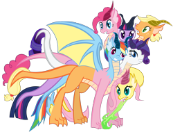 Size: 1280x973 | Tagged: safe, derpibooru import, applejack, fluttershy, pinkie pie, rainbow dash, rarity, twilight sparkle, earth pony, pony, unicorn, appleflaritwidashpie, ask hydra mane 6, conjoined, fire, fire breath, fusion, green fire, hydra pony, hydrafied, mane six, mane six hydra, multiple heads, not salmon, simple background, together forever, transparent background, wat, what has magic done, what has science done, you need me