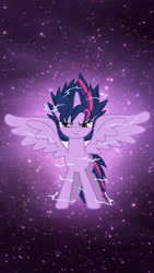 Size: 640x1136 | Tagged: artist needed, safe, derpibooru import, edit, edited screencap, screencap, twilight sparkle, twilight sparkle (alicorn), alicorn, pony, alternate hairstyle, aura, female, frown, glare, glow, lightning, looking at you, mare, solo, spread wings, stars, super saiyan, super saiyan princess, wings