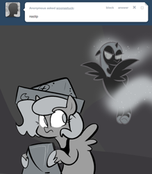 Size: 666x761 | Tagged: safe, artist:egophiliac, nightmare moon, princess luna, alicorn, pony, ask, bucket, cartographer's cap, dark woona, filly, grayscale, hat, monochrome, moonstuck, nightmare woon, tumblr, woona, younger