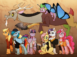 Size: 1280x946 | Tagged: safe, artist:inuhoshi-to-darkpen, derpibooru import, angel bunny, applejack, discord, fluttershy, pinkie pie, rainbow dash, rarity, spike, twilight sparkle, twilight sparkle (alicorn), alicorn, butterfly, draconequus, dragon, earth pony, pegasus, pony, unicorn, brown background, butterfly effect, chloe price, clothes, cloven hooves, costume, feathered fetlocks, female, halloween, kate marsh, life is strange, mane seven, mane six, mare, maxine caulfield, rachel amber, raised hoof, simple background, victoria chase, warren graham