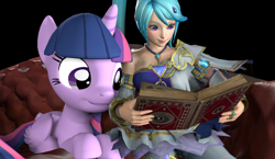 Size: 1024x593 | Tagged: safe, artist:pika-robo, derpibooru import, twilight sparkle, twilight sparkle (alicorn), alicorn, pony, 3d, book, crossover, cute, female, hyrule warriors, lana, mare, prone, reading, sitting, smiling, sofa, source filmmaker, the legend of zelda