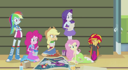 Size: 842x461 | Tagged: safe, screencap, applejack, fluttershy, pinkie pie, rainbow dash, rarity, sunset shimmer, equestria girls, rainbow rocks, boots, clothes, denim skirt, fetal position, high heel boots, humane five, skirt, sunsad shimmer